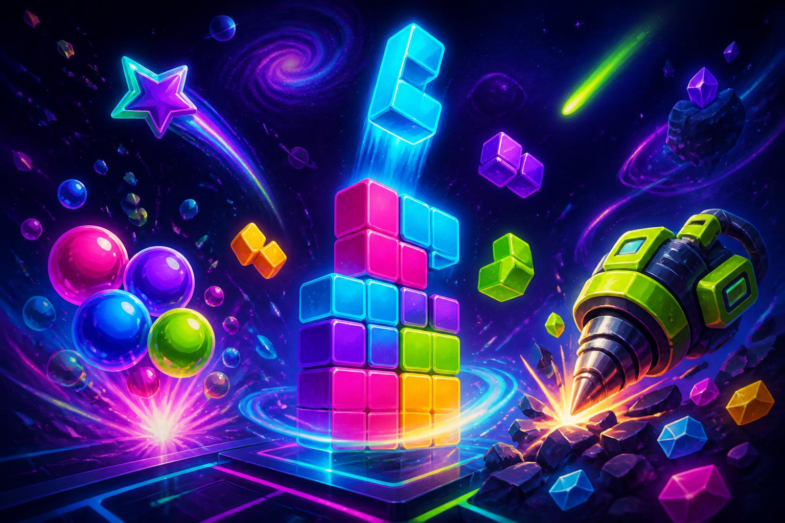 Neon arcade artwork with stacked blocks, bubbles and a mining drill